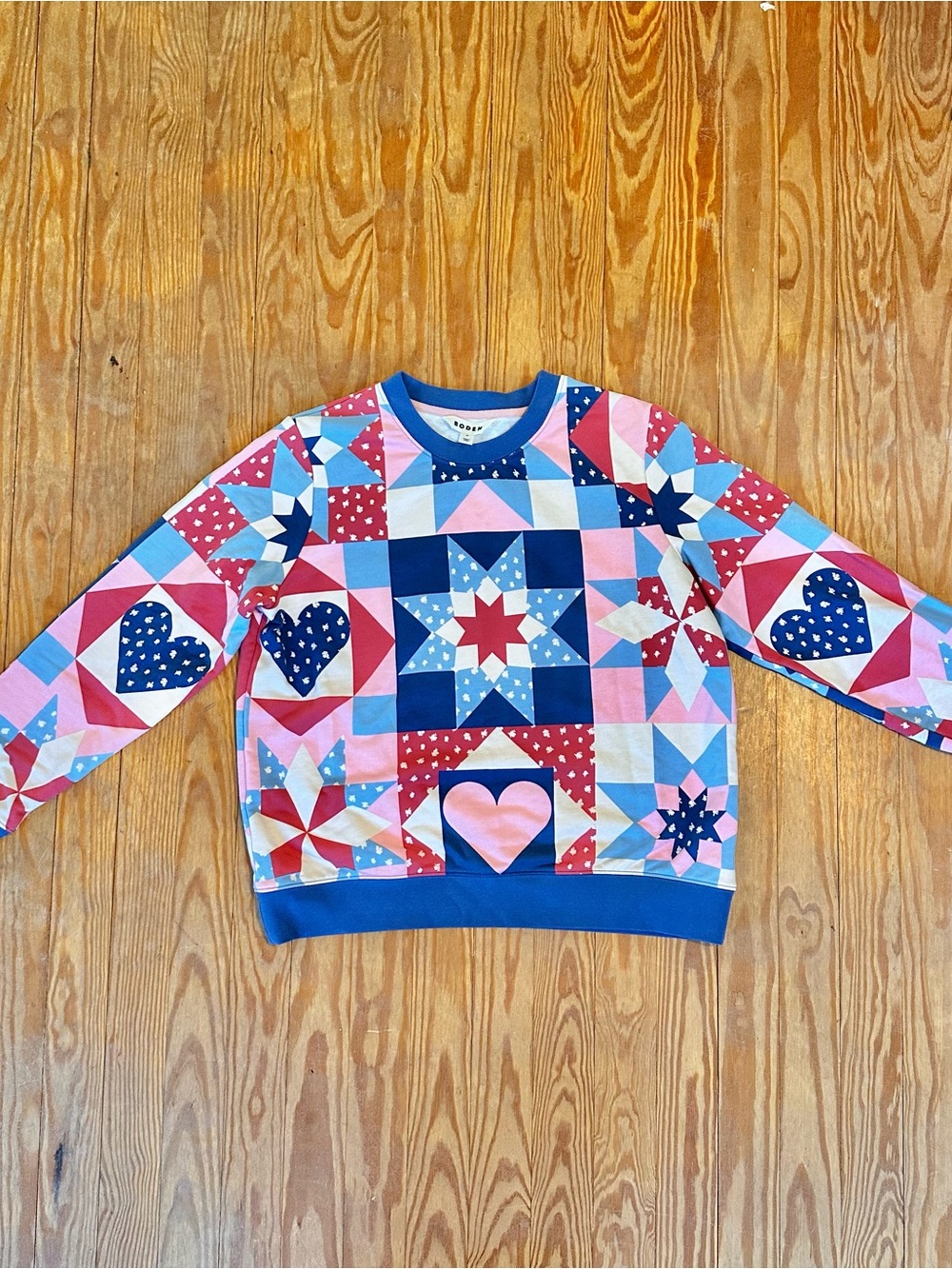 Boden Patchwork Heart & Star Crewneck Sweatshirt in Blue, Pink & Red - Picture 2 of 5